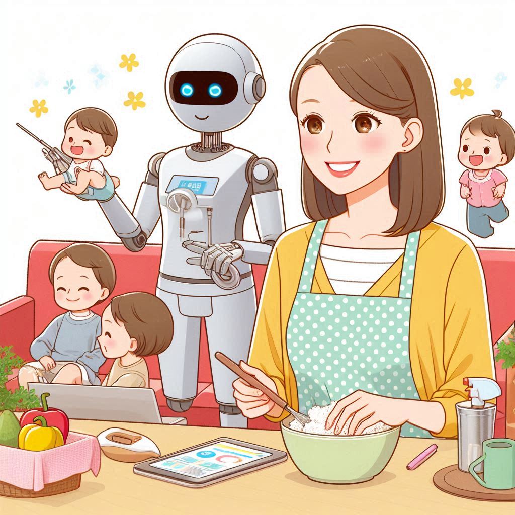 主婦がAIを活用して副業し、育児家事してる様子のイラスト4