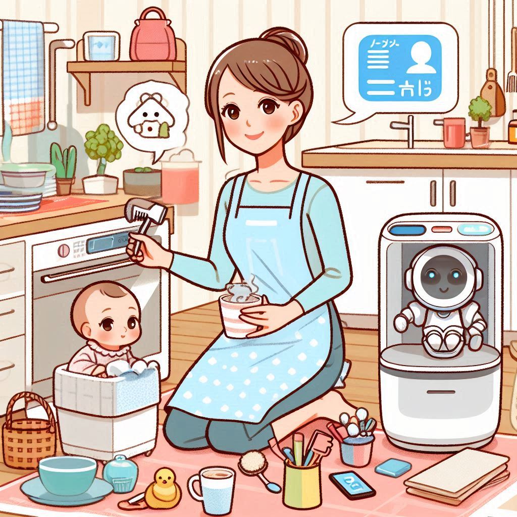 主婦がAIを活用して副業し、育児家事してる様子のイラスト3
