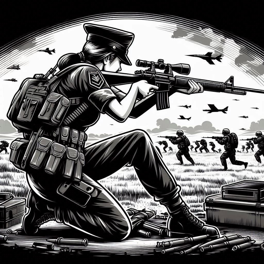 軍服を着た女性が敵を狙い、背中と足にも銃あり、背景は戦場、漫画風イラスト