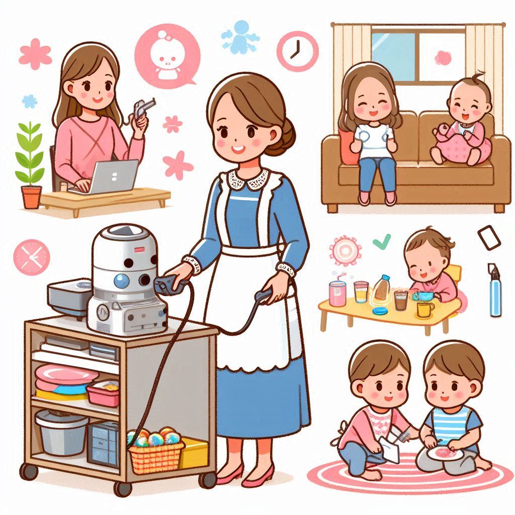 主婦がAIを活用して副業し、育児家事してる様子のイラスト1
